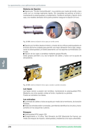 La aparamenta y sus aplicaciones particulares 
J/88 Manual teórico-práctico Schneider 
J2 
Sistema de fijación: 
c Fijación por “Tornillo Central Murafix”, muy práctico por medio de tornillo y taco 
unido con un montaje realmente rápido. Sin necesidad de perforar el fondo y 
manteniendo la estanqueidad y el aislamiento. Facilita el centrado y fijación de la 
caja y los resaltes dentados de la parte posterior aseguran la fijación al muro. 
Fig. J2-008: sistema de fijación de las cajas por tornillo central. 
c Fijación por tornillos desde el interior, a través de los orificios pretroquelados en 
el fondo (de forma ovalada para permitir una mejor alineación de la caja), asegu-rando 
la estanqueidad y el doble aislamiento con los tapones suministrados con 
la caja. 
c Fijación de las cajas a canaletas mediante grapas Murafix. 
Estas grapas permiten a su vez la fijación de cables y tubos con la ayuda de 
abrazaderas. 
Fig. J2-009: sistema de fijación de las cajas a canales o paneles ranurados. 
Las tapas 
Las tapas cierran a presión (sin tornillos), manteniendo la estanqueidad IP55. 
Mediante una cinta quedan unidas al fondo, impidiendo su pérdida. 
Puede ser extraída si se desea. 
Las entradas: 
c La entrada de cables o tubos se ajusta por medio de la membrana, de duración 
ilimitada. 
c Todas las entradas están numeradas, permitiendo identificar los circuitos y trans-portarlos 
en los esquemas o planos. 
Ensayos: 
c Estanqueidad IP55 según CEI. 
c Envejecimiento a 10 años. Test Climatrón de EDF (Electricité De France), por 
medio de ensayos de impacto, estanqueidad y resistencia a los rayos ultravioleta. 
 