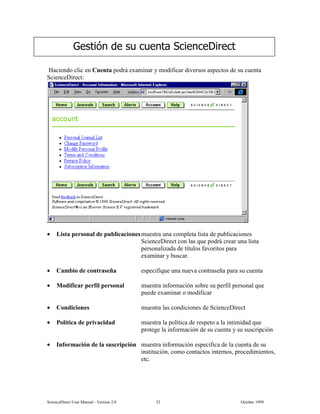 6FLHQFH'LUHFW 8VHU 0DQXDO  9HUVLRQ   2FWREHU 
+DFLHQGR FOLF HQ XHQWD SRGUi H[DPLQDU  PRGLILFDU GLYHUVRV DVSHFWRV GH VX FXHQWD
6FLHQFH'LUHFW
• /LVWD SHUVRQDO GH SXEOLFDFLRQHVPXHVWUD XQD FRPSOHWD OLVWD GH SXEOLFDFLRQHV
6FLHQFH'LUHFW FRQ ODV TXH SRGUi FUHDU XQD OLVWD
SHUVRQDOL]DGD GH WtWXORV IDYRULWRV SDUD
H[DPLQDU  EXVFDU
• DPELR GH FRQWUDVHxD HVSHFLILTXH XQD QXHYD FRQWUDVHxD SDUD VX FXHQWD
• 0RGLILFDU SHUILO SHUVRQDO PXHVWUD LQIRUPDFLyQ VREUH VX SHUILO SHUVRQDO TXH
SXHGH H[DPLQDU R PRGLILFDU
• RQGLFLRQHV PXHVWUD ODV FRQGLFLRQHV GH 6FLHQFH'LUHFW
• 3ROtWLFD GH SULYDFLGDG PXHVWUD OD SROtWLFD GH UHVSHWR D OD LQWLPLGDG TXH
SURWHJH OD LQIRUPDFLyQ GH VX FXHQWD  VX VXVFULSFLyQ
• ,QIRUPDFLyQ GH OD VXVFULSFLyQ PXHVWUD LQIRUPDFLyQ HVSHFtILFD GH OD FXHQWD GH VX
LQVWLWXFLyQ FRPR FRQWDFWRV LQWHUQRV SURFHGLPLHQWRV
HWF
*HVWLyQ GH VX FXHQWD 6FLHQFH'LUHFW
 