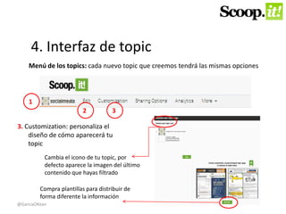 4. Interfaz de topic 
Menú de los topics: cada nuevo topic que creemos tendrá las mismas opciones 
1 
2 3 
3. Customization: personaliza el 
diseño de cómo aparecerá tu 
topic 
Cambia el icono de tu topic, por 
defecto aparece la imagen del último 
contenido que hayas filtrado 
Compra plantillas para distribuir de 
forma diferente la información 
@GarciaOKean 
 