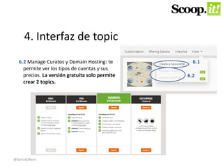 4. Interfaz de topic 
6.2 Manage Curatos y Domain Hosting: te 
permite ver los tipos de cuentas y sus 
precios. La versión gratuita solo permite 
crear 2 topics. 
6.1 
6.2 
@GarciaOKean 
 