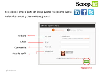 Selecciona el email o perfil con el que quieres relacionar la cuenta: 
Rellena los campos y crea tu cuenta gratuita: 
Nombre 
Email 
Contraseña 
Foto de perfil 
Registrarse 
@GarciaOKean 
 
