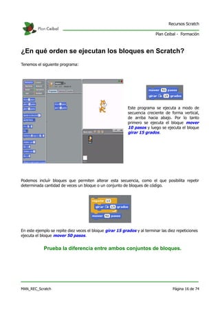 Recursos Scratch

                                                                          Plan Ceibal - Formación



¿En qué orden se ejecutan los bloques en Scratch?
Tenemos el siguiente programa:




                                                           Este programa se ejecuta a modo de
                                                           secuencia creciente de forma vertical,
                                                           de arriba hacia abajo. Por lo tanto
                                                           primero se ejecuta el bloque mover
                                                           10 pasos y luego se ejecuta el bloque
                                                           girar 15 grados.




Podemos incluír bloques que permiten alterar esta secuencia, como el que posibilita repetir
determinada cantidad de veces un bloque o un conjunto de bloques de código.




En este ejemplo se repite diez veces el bloque girar 15 grados y al terminar las diez repeticiones
ejecuta el bloque mover 50 pasos.


            Prueba la diferencia entre ambos conjuntos de bloques.




MAN_REC_Scratch                                                                     Página 16 de 74
 