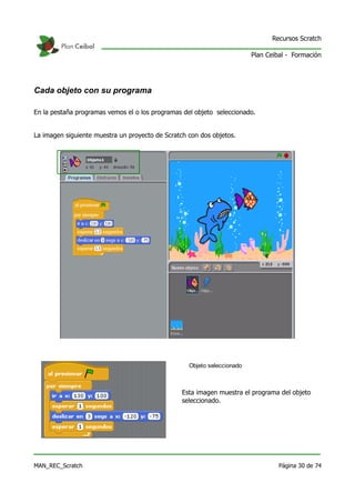 Recursos Scratch

                                                                         Plan Ceibal - Formación




Cada objeto con su programa

En la pestaña programas vemos el o los programas del objeto seleccionado.


La imagen siguiente muestra un proyecto de Scratch con dos objetos.




                                                   Objeto seleccionado



                                                 Esta imagen muestra el programa del objeto
                                                 seleccionado.




MAN_REC_Scratch                                                                   Página 30 de 74
 