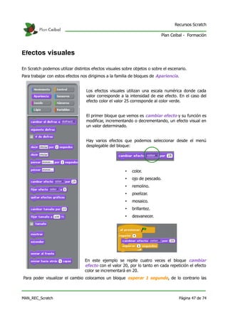 Recursos Scratch

                                                                            Plan Ceibal - Formación



Efectos visuales

En Scratch podemos utilizar distintos efectos visuales sobre objetos o sobre el escenario.
Para trabajar con estos efectos nos dirigimos a la familia de bloques de Apariencia.


                                   Los efectos visuales utilizan una escala numérica donde cada
                                   valor corresponde a la intensidad de ese efecto. En el caso del
                                   efecto color el valor 25 corresponde al color verde.


                                   El primer bloque que vemos es cambiar efecto y su función es
                                   modificar, incrementando o decrementando, un efecto visual en
                                   un valor determinado.


                                   Hay varios efectos que podemos seleccionar desde el menú
                                   desplegable del bloque:




                                                        •   color.
                                                        •   ojo de pescado.
                                                        •   remolino.
                                                        •   pixelizar.
                                                        •   mosaico.
                                                        •   brillantez.
                                                        •   desvanecer.




                                  En este ejemplo se repite cuatro veces el bloque cambiar
                                  efecto con el valor 20, por lo tanto en cada repetición el efecto
                                  color se incrementará en 20.
Para poder visualizar el cambio colocamos un bloque esperar 1 segundo, de lo contrario las



MAN_REC_Scratch                                                                      Página 47 de 74
 