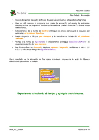 Recursos Scratch

                                                                       Plan Ceibal - Formación

   •   Cuando tengamos los cuatro disfraces de cassy-dancing vamos a la pestaña Programas.
   •   Una vez allí creamos el programa que realice la animación del objeto. La animación
       consiste en que los programas se alternen de modo de producir la sensación de que Cassy
       está bailando.
   •   Seleccionamos de la familia de Control el bloque con el que comenzará la ejecución del
       programa: al presionar bandera.
   •   Luego elegimos el bloque por siempre y lo encastramos debajo de al presionar
       bandera.
   •   Vamos a la familia de Apariencia y seleccionamos el bloque siguiente disfraz y        lo
       encastramos dentro del por siempre.
   •   Por último volvemos a Control y elegimos esperar 1 segundo, cambiamos el valor 1 por
       0.3 y lo colocamos debajo de siguiente disfraz.




Como resultado de la ejecución de los pasos anteriores, obtenemos la serie de bloques
encastrados que muesra la imagen.




         Experimenta cambiando el tiempo y agrégale otros bloques.




MAN_REC_Scratch                                                                 Página 71 de 74
 