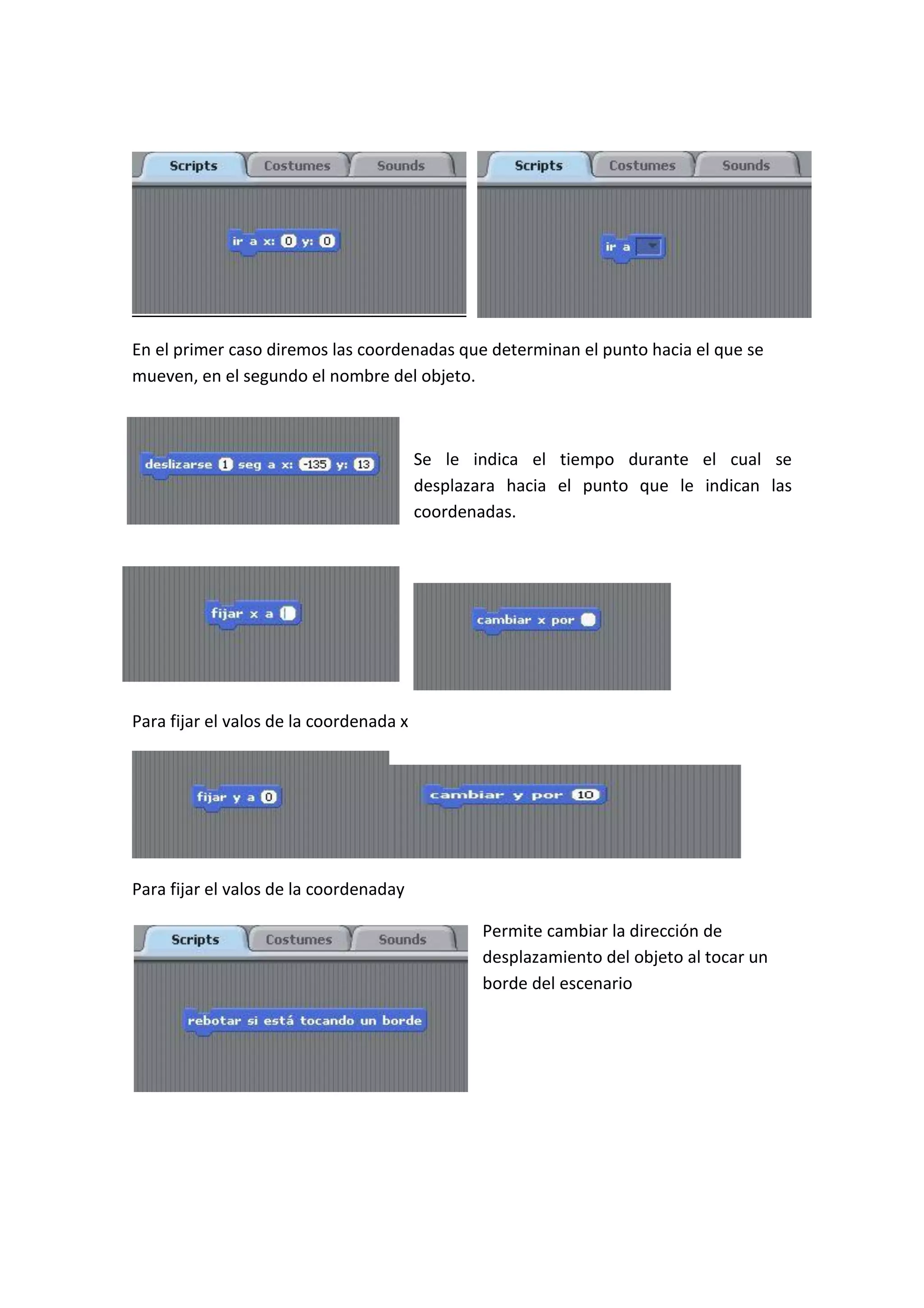En el primer caso diremos las coordenadas que determinan el punto hacia el que se
mueven, en el segundo el nombre del objeto.
Se le indica el tiempo durante el cual se
desplazara hacia el punto que le indican las
coordenadas.
Para fijar el valos de la coordenada x
Para fijar el valos de la coordenaday
Permite cambiar la dirección de
desplazamiento del objeto al tocar un
borde del escenario
 