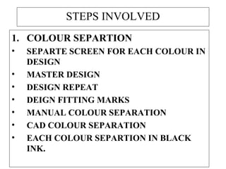 STEPS INVOLVED COLOUR SEPARTION SEPARTE SCREEN FOR EACH COLOUR IN DESIGN MASTER DESIGN DESIGN REPEAT DEIGN FITTING MARKS MANUAL COLOUR SEPARATION CAD COLOUR SEPARATION EACH COLOUR SEPARTION IN BLACK INK. 