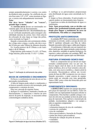 3. verifique se os pulverizadores proporcionam
uma distribuição de água como encontrada na fi-
gura 8;
4. limpar os bicos obstruídos. O pulverizador e o
suporte podem ser desmontados para limpeza;
5. inspecione os tubos de distribuição de água e o
enchimento.
Nota: Água pressurizada, com os devidos cui-
dados e por profissional treinado, pode ser uti-
lizada para limpar o enchimento da torre de
resfriamento. Não utilize ar comprimido.
PROTEÇÃO ANTICORROSIVA
As unidadesSCT foram construídas com materiais
resistentes à corrosão, sendo a carcaça da torre em
P.R.F.V. (poliéster reforçado com fibra de vidro).
Quando necessário utilize água e sabão para limpeza.
O enchimento é fabricado com um material sin-
tético inerte que não requer proteção contra incrusta-
ções, depósitos, umidade ou agentes biológicos. Os
suportes e tubos utilizados nas unidades SCT são
em aço galvanizado a quente após sua fabricação.
PINTURA STANDARD SEMCO BAC
Todos os componentes de aço devem ser inspe-
cionados cuidadosamente uma vez por ano. Se
houver algum sinal de dano ou de corrosão nas
partes metálicas, deve-se lixar somente a área afe-
tada, com uma escova metálica, e depois pintá-la
novamente. Recomenda-se utilizar um revesti-
mento de base de ZRC (composto rico em zinco).
Quando necessário, a parte externa do equipa-
mento pode ser retocada com tinta apropriada.
Tanto o ZRC como a tinta são fornecidos pelo seu
representante local.
COMPONENTES ORIGINAIS:
ASEMCO BAC mantém um estoque das princi-
pais peças de reposição em sua fábrica. Entre em
contato com seu representante local para solicitar os
componentes. Para facilitar o pedido coloque o nú-
mero de série de sua unidade na hora de pedir uma
peça de reposição. Para agilizar a manutenção da
unidade, recomendamos adquirir e ter sempre a
mão os seguintes componentes:
• válvula bóia;
• rolamentos/mancais do eixo do ventilador;
• correias do ventilador;
• eixo do ventilador;
• bicos puverizadores e borracha de fixação;
• juntas dos braços pulverizadores;
• borracha de vedação da porta de acesso;
• ventilador;
• enchimento.
sempre perpendicularmente à correia e no centro
da distância entre as polias. Se a deflexão da cor-
reia ficar entre 1/4" e 3/8" como mostram as figu-
ras, a correia está adequadamente tensionada.
Nota:
Não deve haver "chiados" ou "roncos",
quando ligar o motor.
As correias novas devem ser tensionados no-
vamente após 24 h de funcionamento.
O ALINHAMENTO DA TRANSMISSÃO de-
ve ser verificado anualmente, para conseguir a du-
rabilidade máxima da correia. Isto é feito através
da colocação de uma régua ao longo das polias,
como mostrado na Figura 7.
Quando a transmissão está corretamente alinha-
da, a folga entre a régua e a polia, não deve exce-
der 0,5mm por cada 100mm de diâmetro da polia.
Ex: A polia motora é de Ø 150mm e a do venti-
lador é de Ø 500mm.
Folga máxima, polia motora:1,5 x 0,5 = 0,75mm;
Folga máxima, polia movida: 5 x 0,5 = 2,5mm.
BICOS DE ASPERSÃO E ENCHIMENTO
Os bicos e o enchimento da torre devem ser ins-
pecionados mensalmente
A falta de limpeza pode reduzir o rendimento e
se houver acumulo excessivo de incrustação, pode
comprometer a estrutura da torre.
Para isso, proceda da seguinte forma:
1. desligue os ventiladores, mantendo a bomba em
funcionamento; 2. inspecione o interior da torre
através da porta de inspeção, se necessário efetue
a desmontagem cuidadosa desta;
Figura 8- Distribuição de água dos bicos (Modelos SCT).
7
Figura 7- Verificação do alinhamento das polias
 