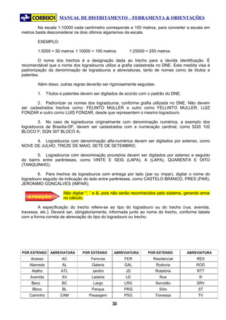 MANUAL DE DISTRITAMENTO – FERRAMENTA & ORIENTAÇÕES

        Na escala 1:10000 cada centímetro corresponde a 100 metros, para converter a escala em
metros basta desconsiderar os dois últimos algarismos da escala.

        EXEMPLO:

        1:5000 = 50 metros 1:10000 = 100 metros         1:25000 = 250 metros

        O nome dos trechos é a designação dada ao trecho para a devida identificação. É
recomendável que o nome dos logradouros utilize a grafia cadastrada no DNE. Esta medida visa à
padronização da denominação de logradouros e abreviaturas, tanto de nomes como de títulos e
patentes.

        Além disso, outras regras deverão ser rigorosamente seguidas:

        1.    Títulos e patentes devem ser digitados de acordo com o padrão do DNE.

       2. Padronizar os nomes dos logradouros, conforme grafia utilizada no DNE. Não devem
ser cadastrados trechos como: FELINTO MULLER e outro como FELLINTO MULLER, LUIZ
FONZAR e outro como LUIS FONZAR, desde que representem o mesmo logradouro.

        3. No caso de logradouros originalmente com denominação numérica, a exemplo dos
logradouros de Brasília-DF, devem ser cadastrados com a numeração cardinal, como SQS 102
BLOCO F; SQN 307 BLOCO A;

      4. Logradouros com denominação alfa-numérica devem ser digitados por extenso, como
NOVE DE JULHO, TREZE DE MAIO, SETE DE SETEMBRO;

        5. Logradouros com denominação provisória devem ser digitados por extenso e seguido
do bairro entre parênteses, como VINTE E SEIS (LAPA), A (LAPA), QUARENTA E OITO
(TANQUINHO);

        6. Para trechos de logradouros com entrega por lado (par ou ímpar), digitar o nome do
logradouro seguido da indicação do lado entre parênteses, como CASTELO BRANCO, PRES (PAR),
JERONIMO GONCALVES (IMPAR);

                      Não digitar *, ‘ e &, pois não serão reconhecidos pelo sistema, gerando erros
   ATENÇÃO            no cálculo.

        A especificação do trecho refere-se ao tipo do logradouro ou do trecho (rua, avenida,
travessa, etc.). Deverá ser, obrigatoriamente, informada junto ao nome do trecho, conforme tabela
com a forma correta de abreviação do tipo do logradouro ou trecho:




POR EXTENSO     ABREVIATURA     POR EXTENSO     ABREVIATURA       POR EXTENSO         ABREVIATURA
    Acesso            AC             Ferrovia         FER            Residencial            RES
    Alameda           AL             Galeria          GAL               Rodovia            ROD
     Atalho          ATL             Jardim           JD                Rotatória           RTT
    Avenida           AV             Ladeira          LD                  Rua                R
     Beco             BC              Largo           LRG               Servidão            SRV
     Bloco            BL             Parque           PRQ                 Sítio             ST
    Caminho          CAM            Passagem          PSG             Travessa              TV

                                                33
                                                 3
 