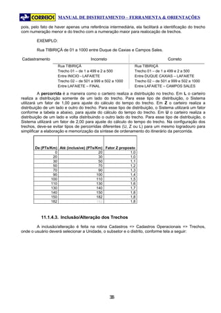 MANUAL DE DISTRITAMENTO – FERRAMENTA & ORIENTAÇÕES

pois, pelo fato de haver apenas uma referência intermediária, ela facilitará a identificação do trecho
com numeração menor e do trecho com a numeração maior para realocação de trechos.

        EXEMPLO:

        Rua TIBIRIÇÁ de 01 a 1000 entre Duque de Caxias e Campos Sales.

Cadastramento                         Incorreto                                   Correto
                    Rua TIBIRIÇÁ                               Rua TIBIRIÇÁ
                    Trecho 01 – de 1 a 499 e 2 a 500           Trecho 01 – de 1 a 499 e 2 a 500
                    Entre INICIO - LAFAIETE                    Entre DUQUE CAXIAS – LAFAIETE
                    Trecho 02 – de 501 a 999 e 502 a 1000      Trecho 02 – de 501 a 999 e 502 a 1000
                    Entre LAFAIETE – FINAL                     Entre LAFAIETE – CAMPOS SALES

          A percorrida é a maneira como o carteiro realiza a distribuição no trecho. Em L o carteiro
realiza a distribuição somente de um lado do trecho. Para esse tipo de distribuição, o Sistema
utilizará um fator de 1,00 para ajuste do cálculo do tempo do trecho. Em Z o carteiro realiza a
distribuição de um lado e outro do trecho. Para esse tipo de distribuição, o Sistema utilizará um fator
conforme a tabela a abaixo, para ajuste do cálculo do tempo do trecho. Em U o carteiro realiza a
distribuição de um lado e volta distribuindo o outro lado do trecho. Para esse tipo de distribuição, o
Sistema utilizará um fator de 2,00 para ajuste do cálculo do tempo do trecho. Na configuração dos
trechos, deve-se evitar tipos de percorridas diferentes (U, Z ou L) para um mesmo logradouro para
simplificar a elaboração e memorização da síntese de ordenamento do itinerário da percorrida.



       De (PTs/Km) Até (inclusive) (PTs/Km) Fator Z proposto
                 0                       20              1,0
                20                       30              1,0
                30                       50              1,1
                50                       70              1,2
                70                       90              1,3
                90                      100              1,4
               100                      110              1,5
               110                      130              1,6
               130                      140              1,7
               140                      150              1,8
               150                      182              1,8
               182                      182              1,8



           11.1.4.3. Inclusão/Alteração dos Trechos

        A inclusão/alteração é feita na rotina Cadastros => Cadastros Operacionais => Trechos,
onde o usuário deverá selecionar a Unidade, o subsetor e o distrito, conforme tela a seguir:




                                                  35
                                                   3
 