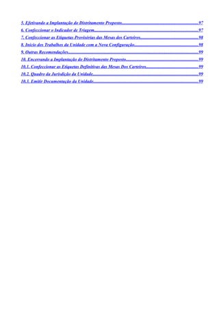 5. Efetivando a Implantação do Distritamento Proposto.....................................................................97
6. Confeccionar o Indicador de Triagem..............................................................................................97
7. Confeccionar as Etiquetas Provisórias das Mesas dos Carteiros....................................................98
8. Início dos Trabalhos da Unidade com a Nova Configuração..........................................................98
9. Outras Recomendações......................................................................................................................99
10. Encerrando a Implantação do Distritamento Proposto.................................................................99
10.1. Confeccionar as Etiquetas Definitivas das Mesas Dos Carteiros...............................................99
10.2. Quadro da Jurisdição da Unidade...............................................................................................99
10.3. Emitir Documentação da Unidade...............................................................................................99
 