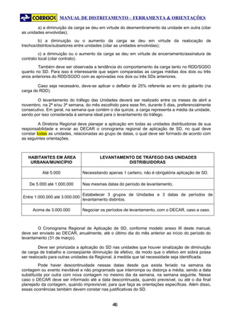 MANUAL DE DISTRITAMENTO – FERRAMENTA & ORIENTAÇÕES

        a) a diminuição da carga se deu em virtude do desmembramento da unidade em outra (citar
as unidades envolvidas);
         b) a diminuição ou o aumento da carga se deu em virtude da realocação de
trechos/distritos/subsetores entre unidades (citar as unidades envolvidas);
         c) a diminuição ou o aumento da carga se deu em virtude de encerramento/assinatura de
contrato local (citar contrato).
        Também deve ser observada a tendência do comportamento da carga tanto no RDD/SGDO
quanto no SD. Para isso é interessante que sejam comparadas as cargas médias dos dois ou três
anos anteriores do RDD/SGDO com as aprovadas nos dois ou três SDs anteriores.

        Caso seja necessário, deve-se aplicar o deflator de 25% referente ao erro do gabarito (na
carga do RDD).

        O levantamento do tráfego das Unidades deverá ser realizado entre os meses de abril a
novembro, na 2ª e/ou 3ª semana, do mês escolhido para esse fim, durante 5 dias, preferencialmente
consecutivo. Em geral, na semana que contém o dia quinze, a carga representa a média da unidade,
sendo por isso considerada à semana ideal para o levantamento do tráfego.

         A Diretoria Regional deve planejar a aplicação em todas as unidades distribuidoras de sua
responsabilidade e enviar ao DECAR o cronograma regional de aplicação de SD, no qual deve
constar todas as unidades, relacionadas ao grupo de datas, o qual deve ser formado de acordo com
as seguintes orientações.



   HABITANTES EM ÁREA                    LEVANTAMENTO DE TRÁFEGO DAS UNIDADES
    URBANA/MUNICÍPIO                               DISTRIBUIDORAS

          Até 5.000             Necessitando apenas 1 carteiro, não é obrigatória aplicação de SD.

    De 5.000 até 1.000.000      Nas mesmas datas do período de levantamento.

                                Estabelecer 3 grupos de Unidades e 3 datas de períodos de
Entre 1.000.000 até 3.000.000
                                levantamento distintos.

     Acima de 3.000.000         Negociar os períodos de levantamento, com o DECAR, caso a caso.



        O Cronograma Regional de Aplicação de SD, conforme modelo anexo III deste manual,
deve ser enviado ao DECAR, anualmente, até o último dia do mês anterior ao início do período do
levantamento (31 de março).

         Deve ser priorizada a aplicação do SD nas unidades que houver sinalização de diminuição
de carga de trabalho e conseqüente diminuição de efetivo, de modo que o efetivo em sobra possa
ser realocado para outras unidades da Regional, à medida que tal necessidade seja identificada.
         Pode haver descontinuidade nessas datas desde que exista feriado na semana da
contagem ou evento inevitável e não programado que interrompa ou distorça a média, sendo a data
substituída por outra com nova contagem no mesmo dia da semana, na semana seguinte. Nesse
caso o DECAR deve ser informado até a data descontinuada, quando previsível, ou até o dia final
planejado da contagem, quando imprevisível, para que faça as orientações específicas. Além disso,
essas ocorrências também devem constar nas justificativas do SD.


                                               46
                                                4
 
