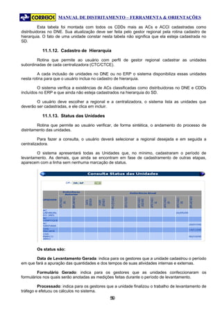 MANUAL DE DISTRITAMENTO – FERRAMENTA & ORIENTAÇÕES

          Esta tabela foi montada com todos os CDDs mais as ACs e ACCI cadastradas como
distribuidoras no DNE. Sua atualização deve ser feita pelo gestor regional pela rotina cadastro de
hierarquia. O fato de uma unidade constar nesta tabela não significa que ela esteja cadastrada no
SD.

           11.1.12. Cadastro de Hierarquia

        Rotina que permite ao usuário com perfil de gestor regional cadastrar as unidades
subordinadas de cada centralizadora (CTC/CTCE).

         A cada inclusão de unidades no DNE ou no ERP o sistema disponibiliza essas unidades
nesta rotina para que o usuário inclua no cadastro de hierarquia.

         O sistema verifica a existências de ACs classificadas como distribuidoras no DNE e CDDs
incluídos no ERP e que ainda não esteja cadastrados na hierarquia do SD.

        O usuário deve escolher a regional e a centralizadora, o sistema lista as unidades que
deverão ser cadastradas, e ele clica em incluir.

           11.1.13. Status das Unidades

         Rotina que permite ao usuário verificar, de forma sintética, o andamento do processo de
distritamento das unidades.

         Para fazer a consulta, o usuário deverá selecionar a regional desejada e em seguida a
centralizadora.

        O sistema apresentará todas as Unidades que, no mínimo, cadastraram o período de
levantamento. As demais, que ainda se encontram em fase de cadastramento de outras etapas,
aparecem com a linha sem nenhuma marcação de status.




        Os status são:

        Data de Levantamento Gerada: indica para os gestores que a unidade cadastrou o período
em que fará a apuração das quantidades e dos tempos de suas atividades internas e externas.

         Formulário Gerado: indica para os gestores que as unidades confeccionaram os
formulários nos quais serão anotadas as medições feitas durante o período de levantamento.

         Processado: indica para os gestores que a unidade finalizou o trabalho de levantamento de
tráfego e efetuou os cálculos no sistema.
                                               50
                                                5
 