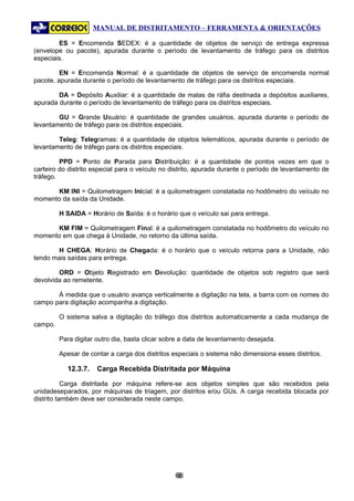 MANUAL DE DISTRITAMENTO – FERRAMENTA & ORIENTAÇÕES

        ES = Encomenda SEDEX: é a quantidade de objetos de serviço de entrega expressa
(envelope ou pacote), apurada durante o período de levantamento de tráfego para os distritos
especiais.

         EN = Encomenda Normal: é a quantidade de objetos de serviço de encomenda normal
pacote, apurada durante o período de levantamento de tráfego para os distritos especiais.

        DA = Depósito Auxiliar: é a quantidade de malas de ráfia destinada a depósitos auxiliares,
apurada durante o período de levantamento de tráfego para os distritos especiais.

        GU = Grande Usuário: é quantidade de grandes usuários, apurada durante o período de
levantamento de tráfego para os distritos especiais.

        Teleg: Telegramas: é a quantidade de objetos telemáticos, apurada durante o período de
levantamento de tráfego para os distritos especiais.

         PPD = Ponto de Parada para Distribuição: é a quantidade de pontos vezes em que o
carteiro do distrito especial para o veículo no distrito, apurada durante o período de levantamento de
tráfego.

      KM INI = Quilometragem Inicial: é a quilometragem constatada no hodômetro do veículo no
momento da saída da Unidade.

         H SAIDA = Horário de Saída: é o horário que o veículo sai para entrega.

      KM FIM = Quilometragem Final: é a quilometragem constatada no hodômetro do veículo no
momento em que chega à Unidade, no retorno da última saída.

       H CHEGA: Horário de Chegada: é o horário que o veículo retorna para a Unidade, não
tendo mais saídas para entrega.

        ORD = Objeto Registrado em Devolução: quantidade de objetos sob registro que será
devolvida ao remetente.

       À medida que o usuário avança verticalmente a digitação na tela, a barra com os nomes do
campo para digitação acompanha a digitação.

         O sistema salva a digitação do tráfego dos distritos automaticamente a cada mudança de
campo.

         Para digitar outro dia, basta clicar sobre a data de levantamento desejada.

         Apesar de contar a carga dos distritos especiais o sistema não dimensiona esses distritos.

           12.3.7.    Carga Recebida Distritada por Máquina

           Carga distritada por máquina refere-se aos objetos simples que são recebidos pela
unidadeseparados, por máquinas de triagem, por distritos e/ou GUs. A carga recebida blocada por
distrito também deve ser considerada neste campo.




                                                 68
                                                  6
 