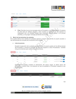 135
6. Chat. Permite el envío de mensajes entre el Proveedor y la Entidad Estatal. El sistema
de chat está por defecto plegado y sólo muestra su cabecera. En ella aparece la
notificación de si la Entidad Estatal está conectada (círculo verde) o no (círculo
amarillo) y si hay algún mensaje pendiente de ser leído.
2. Menú de herramientas de subastas
En la parte inferior de la interfaz de subastas aparece un menú que permite al usuario acceder a
las herramientas de consulta de la evolución de la subasta.
 Lista de precios.
Durante la ejecución de la subasta en esta sección el usuario puede ver los últimos lances
del Proveedor y conocer la posición en que está respecto a otros Proveedores. También
incluye los botones para realizar los nuevos lances.
Finalizada la subasta muestra la información del precio inicial, el último lance del
Proveedor, el precio final, y la situación en que ha quedado el Proveedor respecto a sus
competidores.
 