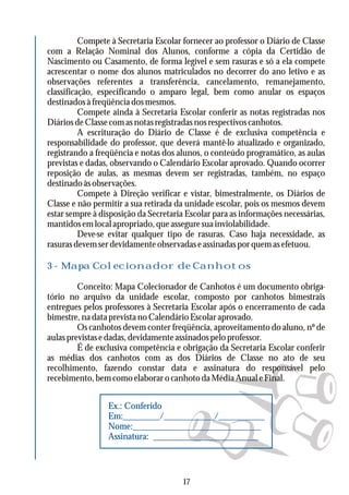 Compete à Secretaria Escolar fornecer ao professor o Diário de Classe
com a Relação Nominal dos Alunos, conforme a cópia da Certidão de
Nascimento ou Casamento, de forma legível e sem rasuras e só a ela compete
acrescentar o nome dos alunos matriculados no decorrer do ano letivo e as
observações referentes a transferência, cancelamento, remanejamento,
classificação, especificando o amparo legal, bem como anular os espaços
destinadosàfreqüênciadosmesmos.
Compete ainda à Secretaria Escolar conferir as notas registradas nos
DiáriosdeClassecomasnotasregistradasnosrespectivoscanhotos.
A escrituração do Diário de Classe é de exclusiva competência e
responsabilidade do professor, que deverá mantê-lo atualizado e organizado,
registrando a freqüência e notas dos alunos, o conteúdo programático, as aulas
previstas e dadas, observando o Calendário Escolar aprovado. Quando ocorrer
reposição de aulas, as mesmas devem ser registradas, também, no espaço
destinadoàsobservações.
Compete à Direção verificar e vistar, bimestralmente, os Diários de
Classe e não permitir a sua retirada da unidade escolar, pois os mesmos devem
estar sempre à disposição da Secretaria Escolar para as informações necessárias,
mantidos em local apropriado, que assegure sua inviolabilidade.
Deve-se evitar qualquer tipo de rasuras. Caso haja necessidade, as
rasurasdevemserdevidamenteobservadaseassinadasporquemasefetuou.
Conceito: Mapa Colecionador de Canhotos é um documento obriga-
tório no arquivo da unidade escolar, composto por canhotos bimestrais
entregues pelos professores à Secretaria Escolar após o encerramento de cada
bimestre,nadataprevistanoCalendárioEscolaraprovado.
Os canhotos devem conter freqüência, aproveitamento do aluno, nº de
aulasprevistasedadas,devidamenteassinadospeloprofessor.
É de exclusiva competência e obrigação da Secretaria Escolar conferir
as médias dos canhotos com as dos Diários de Classe no ato de seu
recolhimento, fazendo constar data e assinatura do responsável pelo
recebimento,bemcomoelaborarocanhotodaMédiaAnualeFinal.
3 - Mapa Colecionador de Canhotos
Ex.: Conferido
Em:________/___________/__________
Nome:____________________________
Assinatura: _______________________
17
 