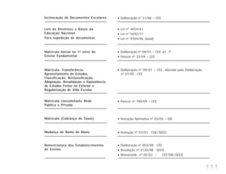 111
Nomenclatura dos Estabelecimentos
de Ensino.
Deliberação nº 003/98 - CEE.
Resolução nº 3120/98 - SEED.
Memorando nº 05/03 – CEF/DIE/SEED
Mudança de Nome do Aluno Instrução nº 03/01 - CDE/SEED
Matrícula (Cobrança de Taxas) Instrução Normativa nº 03/05 – DIE
Matrícula concomitante Rede
Pública e Privada
Parecer nº 790/05 – CEE
Matrícula, Transferência,
Aproveitamento de Estudos,
Classificação, Reclassificação,
Adaptação, Revalidação e Equivalência
de Estudos Feitos no Exterior e
Regularização de Vida Escolar.
Deliberação nº 09/01 – CEE, alterada pela Deliberação
nº 07/05 - CEE
Matrícula Inicial na 1ª série do
Ensino Fundamental
Deliberação nº 09/01 – CEE art. 7º
Parecer nº 33/04 – CEE
Leis de Diretrizes e Bases da
Educação Nacional
Para expedição de documentos
Lei nº 4024/61
Lei nº 5692/71
Lei nº 9394/96 (atual)
Incineração de Documentos Escolares Deliberação nº 31/86 – CEE
 