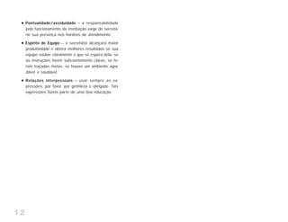 12
Pontualidade/assiduidade – a responsabilidade
pelo funcionamento da instituição exige do secretá-
rio sua presença nos horários de atendimento.
Espírito de Equipe – o secretário alcançará maior
produtividade e obterá melhores resultados se sua
equipe souber claramente o que se espera dela, se
as instruções forem suficientemente claras, se fo-
rem traçadas metas, se houver um ambiente agra-
dável e saudável.
Relações interpessoais – usar sempre as ex-
pressões: por favor, por gentileza e obrigado. Tais
expressões fazem parte de uma boa educação.
 
