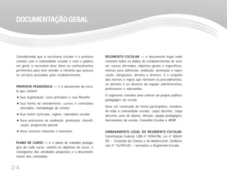 24
Considerando que a secretaria escolar é o primeiro
contato com a comunidade escolar e com o público
em geral, o secretário deve deter os conhecimentos
pertinentes para bem atender a clientela que procura
os serviços prestados pelo estabelecimento.
PROPOSTA PEDAGÓGICA — é o documento da esco-
la que contém:
Sua organização, seus princípios e sua filosofia;
Sua forma de atendimento; cursos e conteúdos
ofertados, metodologia de ensino;
Sua matriz curricular, regime, calendário escolar;
Seus processos de avaliação, promoção, classifi-
cação, progressão parcial;
Seus recursos materiais e humanos.
PLANO DE CURSO — é o plano de trabalho pedagó-
gico de cada curso: contém os objetivos do curso, o
cronograma das atividades propostas e o desenvolvi-
mento dos conteúdos.
REGIMENTO ESCOLAR — é documento legal onde
constam todos os dados do estabelecimento de ensi-
no: cursos ofertados, objetivos gerais e específicos,
normas para admissão, avaliação, promoção e repro-
vação, obrigações, direitos e deveres. É o conjunto
das normas e regras que norteiam os procedimentos,
os direitos e os deveres da equipe administrativa,
professores e educandos.
O regimento constitui uma síntese do projeto político-
pedagógico da escola.
Deve ser construído de forma participativa, envolven-
do toda a comunidade escolar: corpo docente, corpo
discente, pais de alunos, direção, equipe pedagógica,
funcionários da escola, Conselho Escolar e APMF.
EMBASAMENTO LEGAL DO REGIMENTO ESCOLAR:
Constituição Federal, LDB nº 9394/96, Lei nº 8069/
90 - Estatudo da Criança e do Adolescente, Delibera-
ção nº 16/99-CEE – normatiza o Regimento Escolar.
DOCUMENTDOCUMENTDOCUMENTDOCUMENTDOCUMENTAÇÃO GERALAÇÃO GERALAÇÃO GERALAÇÃO GERALAÇÃO GERAL
 