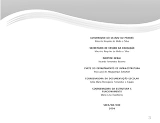3
GOVERNADOR DO ESTADO DO PARANÁ
Roberto Requião de Mello e Silva
SECRETÁRIO DE ESTADO DA EDUCAÇÃO
Mauricio Requião de Mello e Silva
DIRETOR GERAL
Ricardo Fernandes Bezerra
CHEFE DO DEPARTAMENTO DE INFRA-ESTRUTURA
Ana Lúcia de Albuquerque Schulhan
COORDENADORA DA DOCUMENTAÇÃO ESCOLAR
Célia Maria Menegassi Fernandes e Equipe
COORDENADORA DA ESTRUTURA E
FUNCIONAMENTO
Maria Lina Hawthorne
SEED/DIE/CDE
2006
 