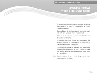43
O formulário de histórico escolar utilizado durante a
vigência da Lei nº 4024/61 é equivalente ao Ensino
Fundamental atual.
O campo Exame de Admissão, quando preenchido, equi-
vale a 1ª a 4ª série do Ensino Fundamental.
O Ensino de 1ª a 4ª série equivale ao de 5ª a 8ª série
do Ensino Fundamental.
O aluno que concluiu o 1º Ciclo do Ensino Médio tem
direito à matrícula no Ensino Médio ou em Curso de
Educação Profissional – Integrado.
Este impresso poderá ser utilizado para transcrever
estudos realizados dentro da Lei nº 4024/61. Para
isso deve-se observar nos relatórios finais, onde cons-
ta a lei vigente.
Os estudos de 1ª a 4ª série do primário eram
registrados em livros-ata.
HISTÓRICO ESCOLARHISTÓRICO ESCOLARHISTÓRICO ESCOLARHISTÓRICO ESCOLARHISTÓRICO ESCOLAR
1º CICLO DO ENSINO MÉDIO1º CICLO DO ENSINO MÉDIO1º CICLO DO ENSINO MÉDIO1º CICLO DO ENSINO MÉDIO1º CICLO DO ENSINO MÉDIO
MODELOS DE DOCUMENTOS OFICIAISMODELOS DE DOCUMENTOS OFICIAISMODELOS DE DOCUMENTOS OFICIAISMODELOS DE DOCUMENTOS OFICIAISMODELOS DE DOCUMENTOS OFICIAIS
Obs:
 