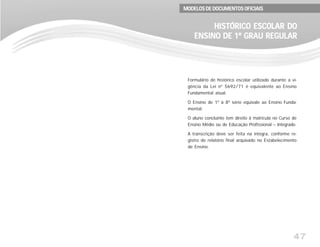 47
Formulário de histórico escolar utilizado durante a vi-
gência da Lei nº 5692/71 é equivalente ao Ensino
Fundamental atual.
O Ensino de 1ª à 8ª série equivale ao Ensino Funda-
mental.
O aluno concluinte tem direito à matrícula no Curso de
Ensino Médio ou de Educação Profissional – Integrado.
A transcrição deve ser feita na íntegra, conforme re-
gistro do relatório final arquivado no Estabelecimento
de Ensino.
HISTÓRICO ESCOLAR DOHISTÓRICO ESCOLAR DOHISTÓRICO ESCOLAR DOHISTÓRICO ESCOLAR DOHISTÓRICO ESCOLAR DO
ENSINO DE 1º GRAU REGULARENSINO DE 1º GRAU REGULARENSINO DE 1º GRAU REGULARENSINO DE 1º GRAU REGULARENSINO DE 1º GRAU REGULAR
MODELOS DE DOCUMENTOS OFICIAISMODELOS DE DOCUMENTOS OFICIAISMODELOS DE DOCUMENTOS OFICIAISMODELOS DE DOCUMENTOS OFICIAISMODELOS DE DOCUMENTOS OFICIAIS
 