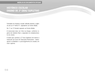 56
Formulário de histórico escolar utilizado durante a vigên-
cia da Lei nº 5692/71, equivalente ao Ensino Médio.
Do 1º ao 3º Período equivale ao Ensino Médio.
A transcrição deve ser feita na íntegra, conforme re-
gistro do relatório final e arquivado no estabelecimen-
to de ensino.
O aluno que concluiu o 2º Grau Supletivo tem direito à
matrícula em Curso de Educação Profissional – Subse-
qüente ou Modular e a prosseguimento de estudos em
nível superior.
HISTÓRICO ESCOLARHISTÓRICO ESCOLARHISTÓRICO ESCOLARHISTÓRICO ESCOLARHISTÓRICO ESCOLAR
ENSINO DE 2º GRAU SUPLETIVOENSINO DE 2º GRAU SUPLETIVOENSINO DE 2º GRAU SUPLETIVOENSINO DE 2º GRAU SUPLETIVOENSINO DE 2º GRAU SUPLETIVO
MODELOS DE DOCUMENTOS OFICIAISMODELOS DE DOCUMENTOS OFICIAISMODELOS DE DOCUMENTOS OFICIAISMODELOS DE DOCUMENTOS OFICIAISMODELOS DE DOCUMENTOS OFICIAIS
 