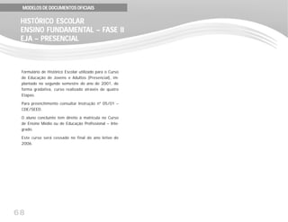 68
Formulário de Histórico Escolar utilizado para o Curso
de Educação de Jovens e Adultos (Presencial), im-
plantado no segundo semestre do ano de 2001, de
forma gradativa, curso realizado através de quatro
Etapas.
Para preenchimento consultar Instrução nº 05/01 –
CDE/SEED.
O aluno concluinte tem direito à matrícula no Curso
de Ensino Médio ou de Educação Profissional – Inte-
grado.
Este curso será cessado no final do ano letivo de
2006.
HISTÓRICO ESCOLARHISTÓRICO ESCOLARHISTÓRICO ESCOLARHISTÓRICO ESCOLARHISTÓRICO ESCOLAR
ENSINO FUNDENSINO FUNDENSINO FUNDENSINO FUNDENSINO FUNDAMENTAMENTAMENTAMENTAMENTAL – FAL – FAL – FAL – FAL – FASE IIASE IIASE IIASE IIASE II
EJA – PRESENCIALEJA – PRESENCIALEJA – PRESENCIALEJA – PRESENCIALEJA – PRESENCIAL
MODELOS DE DOCUMENTOS OFICIAISMODELOS DE DOCUMENTOS OFICIAISMODELOS DE DOCUMENTOS OFICIAISMODELOS DE DOCUMENTOS OFICIAISMODELOS DE DOCUMENTOS OFICIAIS
 