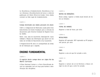 83
to, Reconheceu o Estabelecimento, Reconheceu o Cur-
so e Renovou o Reconhecimento do Curso e a data de
publicação em Diário Oficial do Estado. Estes dados
constam na Vida Legal do Estabelecimento.
CAMPO 4
Campo destinado aos dados pessoais do aluno:
CGM é o Código-Geral de Matrículas usado pelos Esta-
belecimentos de Ensino Estaduais para a emissão de
documentos pelo Sistema Estadual de Registro Esco-
lar (SERE).
Nome, sexo, data de nascimento, Município/UF, nacio-
nalidade e filiação são informações que devem ser reti-
radas da Certidão de Nascimento e/ou Casamento.
O Registro-Geral RG deve vir acompanhado da Unida-
de da Federação que o expediu.
CAMPO 5
O registro deste campo deve ser cópia fiel da
Matriz Curricular:
A Base Nacional Comum e a Parte Diversificada de-
vem ser separadas com um traço para facilitar a iden-
tificação das disciplinas.
ENSINO FUNDENSINO FUNDENSINO FUNDENSINO FUNDENSINO FUNDAMENTAMENTAMENTAMENTAMENTALALALALAL
CAMPO 6
NOTAS OU MENÇÕES:
Neste campo, registrar a média anual através de no-
tas ou menções.
CAMPO 7
TOTAL DE HORAS:
Registrar o total de horas, por série.
CAMPO 8
RESULTADO:
Registrar AP aprovado, REP reprovado ou PP progres-
são parcial, por série.
CAMPO 9
ANO:
Registrar o ano em que foi cursada a série.
CAMPO 10
LEI:
Registrar o número da Lei de Diretrizes e Bases em
vigor no ano em que a série foi cursada.
 