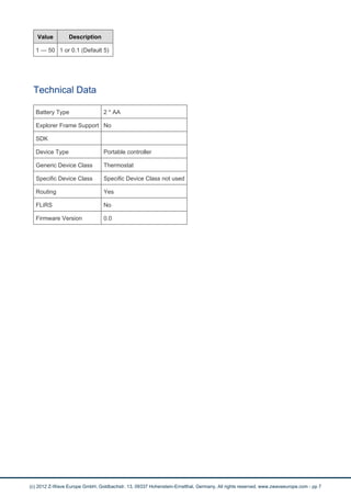 Value Description 
1 — 50 1 or 0.1 (Default 5) 
Technical Data 
Battery Type 2 * AA 
Explorer Frame Support No 
SDK 
Device Type Portable controller 
Generic Device Class Thermostat 
Specific Device Class Specific Device Class not used 
Routing Yes 
FLiRS No 
Firmware Version 0.0 
(c) 2012 Z-Wave Europe GmbH, Goldbachstr. 13, 09337 Hohenstein-Ernstthal, Germany, All rights reserved, www.zwaveeurope.com - pp 7 
