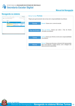 Versão : 2.0 - Julho/ 2014
13
Turma
Alunos
Tipo de Ensino
Minhas Turmas/ Turmas
Página para gerenciamento das turmas sob a responsabilidade do professor.
Escola: Coluna com o nome da escola.
Tipo de Ensino: Coluna que exibe o Tipo de Ensino
vinculado ao professor.
Turma: Coluna que informa a turma sob a responsabilidade
do professor.
Alunos: Coluna que dá acesso, através do link representado
pelo ícone para a página alunos, com a listagem dos
alunos da turma selecionada.
Manual de Navegação > Navegando no sistema/ Minhas Turmas
Escola
Manual de Navegação
Navegando no sistema
 