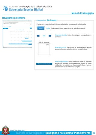 Versão : 2.0 - Julho/ 2014
23
Planejamento/ Atividades
Navegando no sistema
Mostrador do Mês: Setas clicáveis para navegação entre
os meses.
Barra de Atividades: Barra exibindo o nome da atividade
e o período ocupado dentro da agenda. A partir do clique
na barra, a janela com os dados da atividade é aberta,
permitindo sua visualização ou edição.
Mostrador do Dia: Exibe o dia da semana/mês e permite
quando clicado o cadastro de uma nova atividade.
Página com a agenda de atividades, cadastradas para a escola selecionada.
Mês
Dia da Semana
Dia
Nome da Atividade
Voltar: Botão para voltar à tela anterior de seleção da escola.
Manual de Navegação > Navegando no sistema/ Planejamento
Manual de Navegação
 