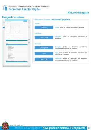 Versão : 2.0 - Julho/ 2014
26
Planejamento/ Atividades/ Consulta de Atividade
Navegando no sistema
Turmas
Disciplinas
Currículos
Turma: Exibe as Turmas vinculadas à atividade.
Disciplina: Exibe as disciplinas vinculadas à
atividade.
Disciplina: Exibe as disciplinas vinculadas
vinculadas ao currículo do professor.
Tipo: Exibe os tipos de atividades vinculadas ao
currículo do Professor.
Descrição: Exibe a descrição da atividade
vinculadas ao currículo do Professor.
Turma
Disciplina
Disciplina
Tipo
Descrição
Manual de Navegação > Navegando no sistema/ Planejamento
Manual de Navegação
 