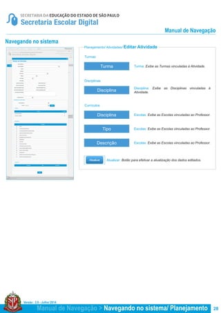 Versão : 2.0 - Julho/ 2014
28
Planejamento/ Atividades/ Editar Atividade
Navegando no sistema
Turmas
Disciplinas
Currículos
Turma: Exibe as Turmas vinculadas à Atividade.
Disciplina: Exibe as Disciplinas vinculadas à
Atividade.
Escolas: Exibe as Escolas vinculadas ao Professor.
Escolas: Exibe as Escolas vinculadas ao Professor.
Escolas: Exibe as Escolas vinculadas ao Professor.
Turma
Disciplina
Disciplina
Tipo
Descrição
Atualizar: Botão para efetivar a atualização dos dados editados.
Manual de Navegação > Navegando no sistema/ Planejamento
Manual de Navegação
 