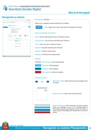 Versão : 2.0 - Julho/ 2014
30
Navegando no sistema
Planejamento/ Aulas
Mostrador do Mês: Setas clicáveis para navegação entre
os meses.
Barra de Atividades: Barra exibindo o período ocupado
dentro da calendário e com a cor correspondente à
informação traduzida pela legenda. A partir do clique na
barra a janela Visualização do Planejamento da Aula é
aberta.
Mostrador do Dia: Exibe o dia da semana/mês.
Página com a agenda de aulas atribuídas ao Professor.
Mês
Dia da Semana
Dia
Voltar: Botão para voltar à tela anterior de seleção da Escola.
Escola: Escola selecionada em que o Professor leciona.
Tipo de Ensino: Tipo de Ensino atendido pelo Professor.
Turma: Turma em que o Professor leciona.
Professor: Professor selecionado.
Disciplina: Disciplina atendida pelo Professor.
Atribuição: Período da Aula selecionada.
Não Planejado: Aula não planejada.
Realizado: Aula realizada.
Planejado: Aula planejada.
Não realizada: Aula não realizada.
Dados da Atribuição do Professor
Legenda
Calendário de Aula
Manual de Navegação > Navegando no sistema/ Planejamento
Manual de Navegação
 