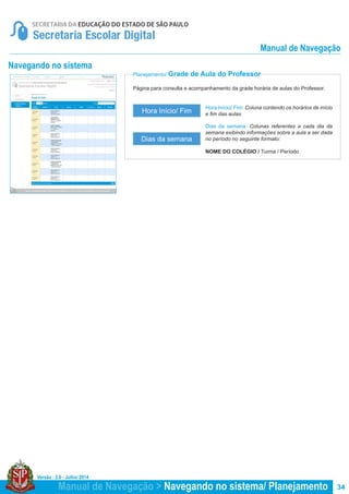 Versão : 2.0 - Julho/ 2014
34
Página para consulta e acompanhamento da grade horária de aulas do Professor.
Planejamento/ Grade de Aula do Professor
Hora Início/ Fim: Coluna contendo os horários de início
e fim das aulas.
Dias da semana: Colunas referentes a cada dia da
semana exibindo informações sobre a aula a ser dada
no período no seguinte formato:
NOME DO COLÉGIO / Turma / Período
Hora Início/ Fim
Dias da semana
Navegando no sistema
Manual de Navegação > Navegando no sistema/ Planejamento
Manual de Navegação
 
