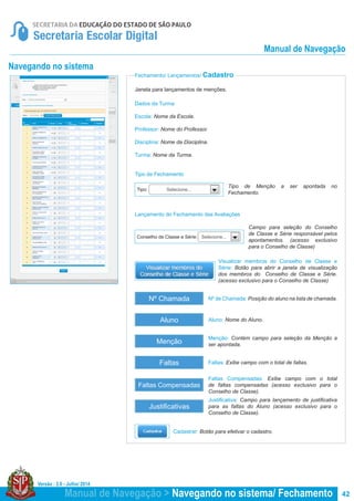 Versão : 2.0 - Julho/ 2014
42
Janela para lançamentos de menções.
Fechamento/ Lançamentos/ Cadastro
Navegando no sistema
Dados da Turma
Escola: Nome da Escola.
Professor: Nome do Professor.
Disciplina: Nome da Disciplina.
Turma: Nome da Turma.
Nº de Chamada: Posição do aluno na lista de chamada.
Menção: Contém campo para seleção da Menção a
ser apontada.
Faltas Compensadas: Exibe campo com o total
de faltas compensadas (acesso exclusivo para o
Conselho de Classe).
Aluno: Nome do Aluno.
Faltas: Exibe campo com o total de faltas.
Justificativa: Campo para lançamento de justificativa
para as faltas do Aluno (acesso exclusivo para o
Conselho de Classe).
Lançamento do Fechamento das Avaliações
Tipo de Fechamento
Nº Chamada
Menção
Faltas Compensadas
Aluno
Faltas
Justificativas
Tipo de Menção a ser apontada no
Fechamento.
Campo para seleção do Conselho
de Classe e Série responsável pelos
apontamentos. (acesso exclusivo
para o Conselho de Classe)
Selecione...
Selecione...
Tipo:
Conselho de Classe e Série:
Visualizar membros do Conselho de Classe e
Série: Botão para abrir a janela de visualização
dos membros do Conselho de Classe e Série.
(acesso exclusivo para o Conselho de Classe)
Cadastrar: Botão para efetivar o cadastro.
Manual de Navegação > Navegando no sistema/ Fechamento
Manual de Navegação
 