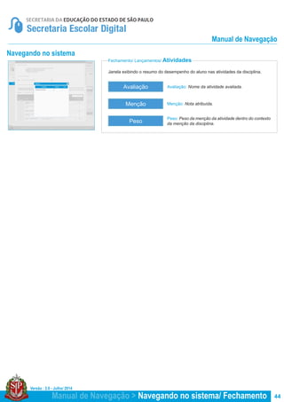 Versão : 2.0 - Julho/ 2014
44
Janela exibindo o resumo do desempenho do aluno nas atividades da disciplina.
Fechamento/ Lançamentos/ Atividades
Navegando no sistema
Avaliação: Nome da atividade avaliada.
Peso: Peso da menção da atividade dentro do contexto
da menção da disciplina.
Menção: Nota atribuída.
Avaliação
Peso
Menção
Manual de Navegação > Navegando no sistema/ Fechamento
Manual de Navegação
 