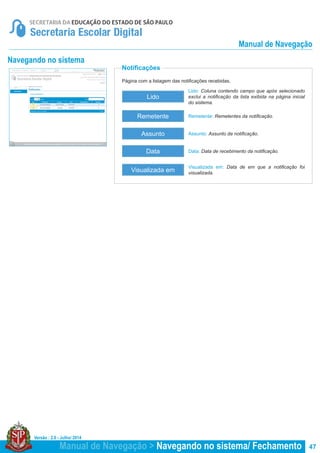 Versão : 2.0 - Julho/ 2014
47
Página com a listagem das notificações recebidas.
Notificações
Navegando no sistema
Remetente: Remetentes da notificação.
Lido: Coluna contendo campo que após selecionado
exclui a notificação da lista exibida na página inicial
do sistema.
Assunto: Assunto da notificação.
Data: Data de recebimento da notificação.
Visualizada em: Data de em que a notificação foi
visualizada.
Remetente
Lido
Assunto
Data
Visualizada em
Manual de Navegação > Navegando no sistema/ Fechamento
Manual de Navegação
 