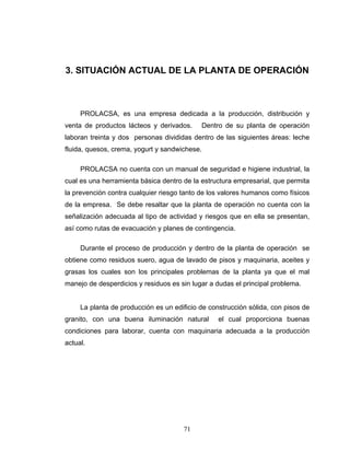 71
3. SITUACIÓN ACTUAL DE LA PLANTA DE OPERACIÓN
PROLACSA, es una empresa dedicada a la producción, distribución y
venta de productos lácteos y derivados. Dentro de su planta de operación
laboran treinta y dos personas divididas dentro de las siguientes áreas: leche
fluida, quesos, crema, yogurt y sandwichese.
PROLACSA no cuenta con un manual de seguridad e higiene industrial, la
cual es una herramienta básica dentro de la estructura empresarial, que permita
la prevención contra cualquier riesgo tanto de los valores humanos como físicos
de la empresa. Se debe resaltar que la planta de operación no cuenta con la
señalización adecuada al tipo de actividad y riesgos que en ella se presentan,
así como rutas de evacuación y planes de contingencia.
Durante el proceso de producción y dentro de la planta de operación se
obtiene como residuos suero, agua de lavado de pisos y maquinaria, aceites y
grasas los cuales son los principales problemas de la planta ya que el mal
manejo de desperdicios y residuos es sin lugar a dudas el principal problema.
La planta de producción es un edificio de construcción sólida, con pisos de
granito, con una buena iluminación natural el cual proporciona buenas
condiciones para laborar, cuenta con maquinaria adecuada a la producción
actual.
 