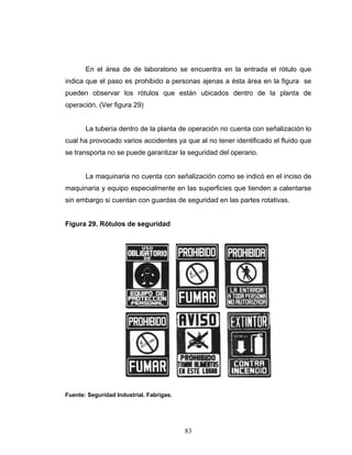 83
En el área de de laboratorio se encuentra en la entrada el rótulo que
indica que el paso es prohibido a personas ajenas a ésta área en la figura se
pueden observar los rótulos que están ubicados dentro de la planta de
operación. (Ver figura 29)
La tubería dentro de la planta de operación no cuenta con señalización lo
cual ha provocado varios accidentes ya que al no tener identificado el fluido que
se transporta no se puede garantizar la seguridad del operario.
La maquinaria no cuenta con señalización como se indicó en el inciso de
maquinaria y equipo especialmente en las superficies que tienden a calentarse
sin embargo si cuentan con guardas de seguridad en las partes rotativas.
Figura 29. Rótulos de seguridad
Fuente: Seguridad Industrial. Fabrigas.
 