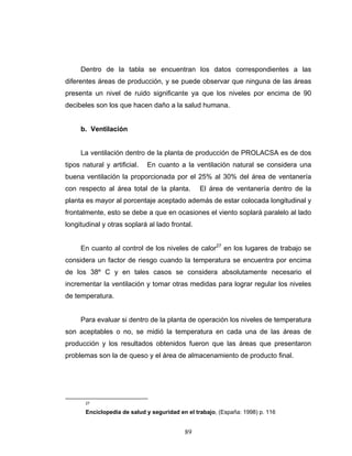 89
Dentro de la tabla se encuentran los datos correspondientes a las
diferentes áreas de producción, y se puede observar que ninguna de las áreas
presenta un nivel de ruido significante ya que los niveles por encima de 90
decibeles son los que hacen daño a la salud humana.
b. Ventilación
La ventilación dentro de la planta de producción de PROLACSA es de dos
tipos natural y artificial. En cuanto a la ventilación natural se considera una
buena ventilación la proporcionada por el 25% al 30% del área de ventanería
con respecto al área total de la planta. El área de ventanería dentro de la
planta es mayor al porcentaje aceptado además de estar colocada longitudinal y
frontalmente, esto se debe a que en ocasiones el viento soplará paralelo al lado
longitudinal y otras soplará al lado frontal.
En cuanto al control de los niveles de calor27
en los lugares de trabajo se
considera un factor de riesgo cuando la temperatura se encuentra por encima
de los 38º C y en tales casos se considera absolutamente necesario el
incrementar la ventilación y tomar otras medidas para lograr regular los niveles
de temperatura.
Para evaluar si dentro de la planta de operación los niveles de temperatura
son aceptables o no, se midió la temperatura en cada una de las áreas de
producción y los resultados obtenidos fueron que las áreas que presentaron
problemas son la de queso y el área de almacenamiento de producto final.
27
Enciclopedia de salud y seguridad en el trabajo, (España: 1998) p. 116
 