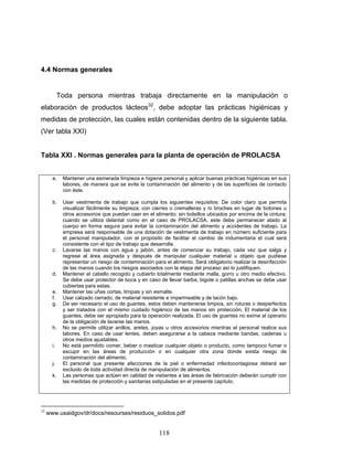 118
4.4 Normas generales
Toda persona mientras trabaja directamente en la manipulación o
elaboración de productos lácteos32
, debe adoptar las prácticas higiénicas y
medidas de protección, las cuales están contenidas dentro de la siguiente tabla.
(Ver tabla XXI)
Tabla XXI . Normas generales para la planta de operación de PROLACSA
a. Mantener una esmerada limpieza e higiene personal y aplicar buenas prácticas higiénicas en sus
labores, de manera que se evite la contaminación del alimento y de las superficies de contacto
con éste.
b. Usar vestimenta de trabajo que cumpla los siguientes requisitos: De color claro que permita
visualizar fácilmente su limpieza; con cierres o cremalleras y /o broches en lugar de botones u
otros accesorios que puedan caer en el alimento; sin bolsillos ubicados por encima de la cintura;
cuando se utiliza delantal como en el caso de PROLACSA, este debe permanecer atado al
cuerpo en forma segura para evitar la contaminación del alimento y accidentes de trabajo. La
empresa será responsable de una dotación de vestimenta de trabajo en número suficiente para
el personal manipulador, con el propósito de facilitar el cambio de indumentaria el cual será
consistente con el tipo de trabajo que desarrolla.
c. Lavarse las manos con agua y jabón, antes de comenzar su trabajo, cada vez que salga y
regrese al área asignada y después de manipular cualquier material u objeto que pudiese
representar un riesgo de contaminación para el alimento. Será obligatorio realizar la desinfección
de las manos cuando los riesgos asociados con la etapa del proceso así lo justifiquen.
d. Mantener el cabello recogido y cubierto totalmente mediante malla, gorro u otro medio efectivo.
Se debe usar protector de boca y en caso de llevar barba, bigote o patillas anchas se debe usar
cubiertas para estas.
e. Mantener las uñas cortas, limpias y sin esmalte.
f. Usar calzado cerrado, de material resistente e impermeable y de tacón bajo.
g. De ser necesario el uso de guantes, estos deben mantenerse limpios, sin roturas o desperfectos
y ser tratados con el mismo cuidado higiénico de las manos sin protección. El material de los
guantes, debe ser apropiado para la operación realizada. El uso de guantes no exime al operario
de la obligación de lavarse las manos.
h. No se permite utilizar anillos, aretes, joyas u otros accesorios mientras el personal realice sus
labores. En caso de usar lentes, deben asegurarse a la cabeza mediante bandas, cadenas u
otros medios ajustables.
i. No está permitido comer, beber o masticar cualquier objeto o producto, como tampoco fumar o
escupir en las áreas de producción o en cualquier otra zona donde exista riesgo de
contaminación del alimento.
j. El personal que presente afecciones de la piel o enfermedad infectocontagiosa deberá ser
excluido de toda actividad directa de manipulación de alimentos.
k. Las personas que actúen en calidad de visitantes a las áreas de fabricación deberán cumplir con
las medidas de protección y sanitarias estipuladas en el presente capítulo.
32
www.usaidgov/dr/docs/resourses/residuos_solidos.pdf
 