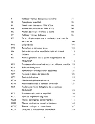 X
X Políticas y normas de seguridad industrial 77
XI Aspectos de seguridad 78
XII Condiciones de ruido en PROLACSA 88
XIII Niveles de iluminación en PROLACSA 90
XIV Análisis de riesgos dentro de la planta 92
XV Políticas y normas de higiene 95
XVI Orden y limpieza dentro de la planta de operaciones de
PROLACSA 100
XVII Desperdicios 104
XVIII Tamaño de la trampa de grasa 106
XIX Índice del manual de seguridad e higiene industrial 115
XX Glosario 116
XXI Normas generales para la planta de operaciones de
PROLACSA 118
XXII Funciones del encargado de seguridad e higiene industrial 120
XXIII Políticas de seguridad 122
XXIV Formulario de investigación de accidentes 124
XXV Registro de costos del accidente 125
XXVI Control de limpieza 126
XXVII Control de limpieza de sanitarios 126
XXVIII Accidentabilidad de la planta de producción 127
XXIX Reglamento interno de la planta de operación de
PROLACSA 129
XXX Funciones del comité de seguridad 133
XXXI Tipos de brigadas de seguridad 135
XXXII Plan de contingencia contra incendios 145
XXXIII Plan de contingencia contra inundaciones 146
XXXIV Plan de contingencia contra sismos 147
XXXV Guía para la realización de un simulacro 149
 