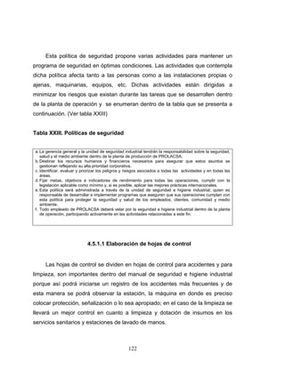 122
Esta política de seguridad propone varias actividades para mantener un
programa de seguridad en óptimas condiciones. Las actividades que contempla
dicha política afecta tanto a las personas como a las instalaciones propias o
ajenas, maquinarias, equipos, etc. Dichas actividades están dirigidas a
minimizar los riesgos que existan durante las tareas que se desarrollen dentro
de la planta de operación y se enumeran dentro de la tabla que se presenta a
continuación. (Ver tabla XXIII)
Tabla XXIII. Políticas de seguridad
a. La gerencia general y la unidad de seguridad industrial tendrán la responsabilidad sobre la seguridad,
salud y el medio ambiente dentro de la planta de producción de PROLACSA.
b. Destinar los recursos humanos y financieros necesarios para asegurar que estos asuntos se
gestionan reflejando su alta prioridad corporativa.
c. Identificar, evaluar y priorizar los peligros y riesgos asociados a todas las actividades y en todas las
áreas.
d. Fijar metas, objetivos e indicadores de rendimiento para todas las operaciones, cumplir con la
legislación aplicable como mínimo y, si es posible, aplicar las mejores prácticas internacionales.
e. Esta política será administrada a través de la unidad de seguridad e higiene industrial, quien es
responsable de desarrollar e implementar programas que aseguren que sus operaciones cumplan con
esta política para proteger la seguridad y salud de los empleados, clientes, comunidad y medio
ambiente.
f. Todo empleado de PROLACSA deberá velar por la seguridad e higiene industrial dentro de la planta
de operación, participando activamente en las actividades relacionadas a este fin.
4.5.1.1 Elaboración de hojas de control
Las hojas de control se dividen en hojas de control para accidentes y para
limpieza, son importantes dentro del manual de seguridad e higiene industrial
porque así podrá iniciarse un registro de los accidentes más frecuentes y de
esta manera se podrá observar la estación, la máquina en donde es preciso
colocar protección, señalización o lo sea apropiado; en el caso de la limpieza se
llevará un mejor control en cuanto a limpieza y dotación de insumos en los
servicios sanitarios y estaciones de lavado de manos.
 