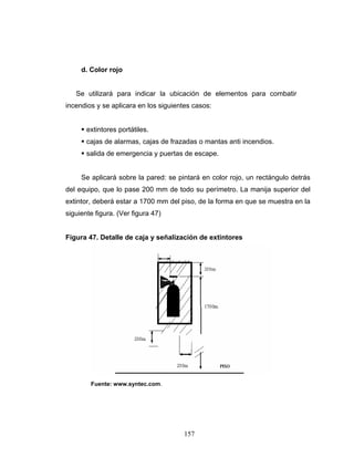 157
d. Color rojo
Se utilizará para indicar la ubicación de elementos para combatir
incendios y se aplicara en los siguientes casos:
extintores portátiles.
cajas de alarmas, cajas de frazadas o mantas anti incendios.
salida de emergencia y puertas de escape.
Se aplicará sobre la pared: se pintará en color rojo, un rectángulo detrás
del equipo, que lo pase 200 mm de todo su perímetro. La manija superior del
extintor, deberá estar a 1700 mm del piso, de la forma en que se muestra en la
siguiente figura. (Ver figura 47)
Figura 47. Detalle de caja y señalización de extintores
Fuente: www.syntec.com.
 