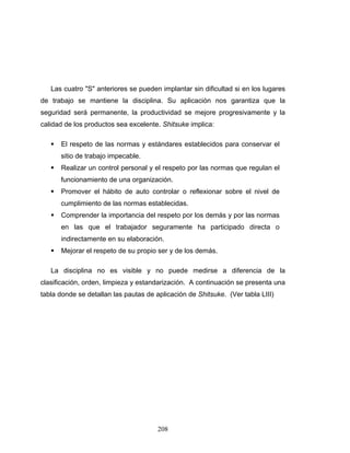 208
Las cuatro "S" anteriores se pueden implantar sin dificultad si en los lugares
de trabajo se mantiene la disciplina. Su aplicación nos garantiza que la
seguridad será permanente, la productividad se mejore progresivamente y la
calidad de los productos sea excelente. Shitsuke implica:
El respeto de las normas y estándares establecidos para conservar el
sitio de trabajo impecable.
Realizar un control personal y el respeto por las normas que regulan el
funcionamiento de una organización.
Promover el hábito de auto controlar o reflexionar sobre el nivel de
cumplimiento de las normas establecidas.
Comprender la importancia del respeto por los demás y por las normas
en las que el trabajador seguramente ha participado directa o
indirectamente en su elaboración.
Mejorar el respeto de su propio ser y de los demás.
La disciplina no es visible y no puede medirse a diferencia de la
clasificación, orden, limpieza y estandarización. A continuación se presenta una
tabla donde se detallan las pautas de aplicación de Shitsuke. (Ver tabla LIII)
 