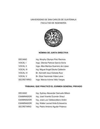 UNIVERSIDAD DE SAN CARLOS DE GUATEMALA
FACULTAD DE INGENIERÍA
NÓMINA DE JUNTA DIRECTIVA
DECANO Ing. Murphy Olympo Paiz Recinos
VOCAL I Inga. Glenda Patricia García Soría
VOCAL II Inga. Alba Maritza Guerrero de López
VOCAL III Ing. Miguel Ángel Dávila Calderón
VOCAL IV Br. Kenneth Issur Estrada Ruiz
VOCAL V Br. Eliza Yazminda Vides Leiva
SECRETARIO Inga. Marcia Ivónne Véliz Vargas
TRIBUNAL QUE PRACTICÓ EL EXÁMEN GENERAL PRIVADO
DECANO Ing. Sydney Alexander Samuels Milson
EXAMINADOR Ing. José Vicente Guzmán Shaul
EXAMINADOR Ing. José Luis Valdeavellano Ardón
EXAMINADOR Ing. Walter Leonel Ávila Echeverría
SECRETARIO Ing. Pedro Antonio Aguilar Polanco
 