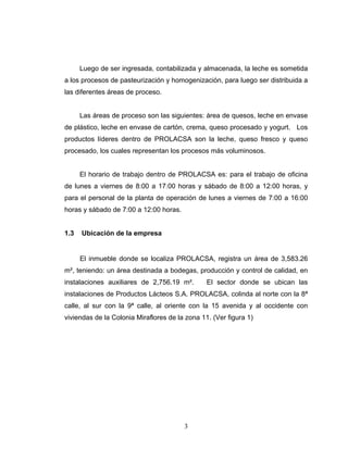 3
Luego de ser ingresada, contabilizada y almacenada, la leche es sometida
a los procesos de pasteurización y homogenización, para luego ser distribuida a
las diferentes áreas de proceso.
Las áreas de proceso son las siguientes: área de quesos, leche en envase
de plástico, leche en envase de cartón, crema, queso procesado y yogurt. Los
productos líderes dentro de PROLACSA son la leche, queso fresco y queso
procesado, los cuales representan los procesos más voluminosos.
El horario de trabajo dentro de PROLACSA es: para el trabajo de oficina
de lunes a viernes de 8:00 a 17:00 horas y sábado de 8:00 a 12:00 horas, y
para el personal de la planta de operación de lunes a viernes de 7:00 a 16:00
horas y sábado de 7:00 a 12:00 horas.
1.3 Ubicación de la empresa
El inmueble donde se localiza PROLACSA, registra un área de 3,583.26
m², teniendo: un área destinada a bodegas, producción y control de calidad, en
instalaciones auxiliares de 2,756.19 m². El sector donde se ubican las
instalaciones de Productos Lácteos S.A. PROLACSA, colinda al norte con la 8ª
calle, al sur con la 9ª calle, al oriente con la 15 avenida y al occidente con
viviendas de la Colonia Miraflores de la zona 11. (Ver figura 1)
 