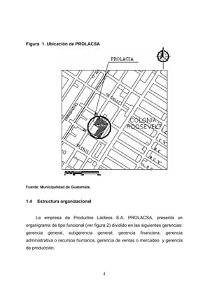 4
Figura 1. Ubicación de PROLACSA
Fuente: Municipalidad de Guatemala.
1.4 Estructura organizacional
La empresa de Productos Lácteos S.A. PROLACSA, presenta un
organigrama de tipo funcional (ver figura 2) dividido en las siguientes gerencias:
gerencia general, subgerencia general, gerencia financiera, gerencia
administrativa o recursos humanos, gerencia de ventas o mercadeo y gerencia
de producción.
 